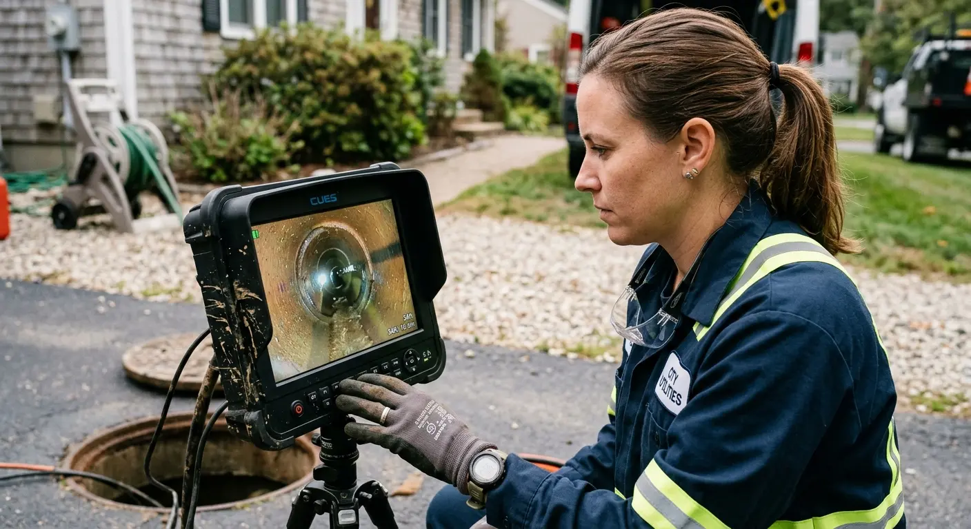 Technician reviewing sewer camera inspection footage in Saginaw