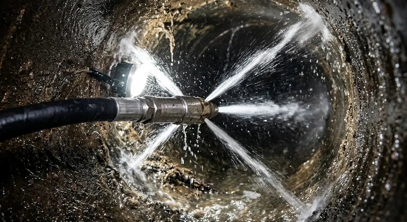 High-pressure hydro jetting nozzle cleaning sewer pipe for Emergency Drain Service in Saginaw