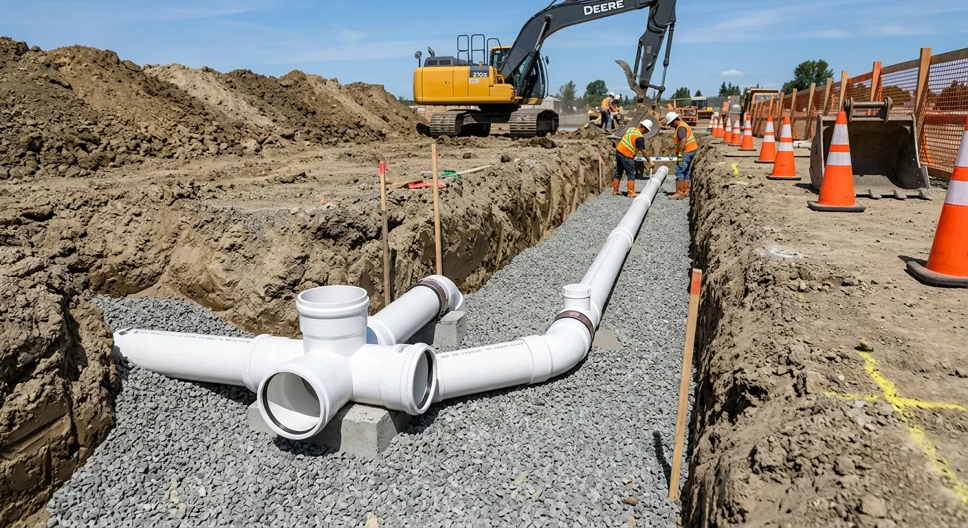 New PVC sewer pipe installation in open trench for Sewer Camera Inspection in Saginaw