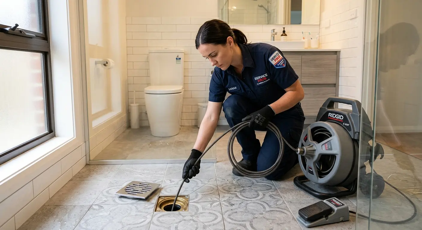 Technician clearing a bathroom floor drain for Drain Cleaning in Saginaw
